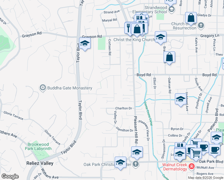 map of restaurants, bars, coffee shops, grocery stores, and more near 1400 Contra Costa Boulevard in Pleasant Hill