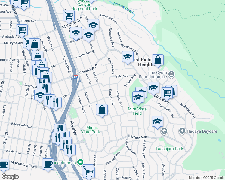 map of restaurants, bars, coffee shops, grocery stores, and more near 664 Sonoma Street in Richmond