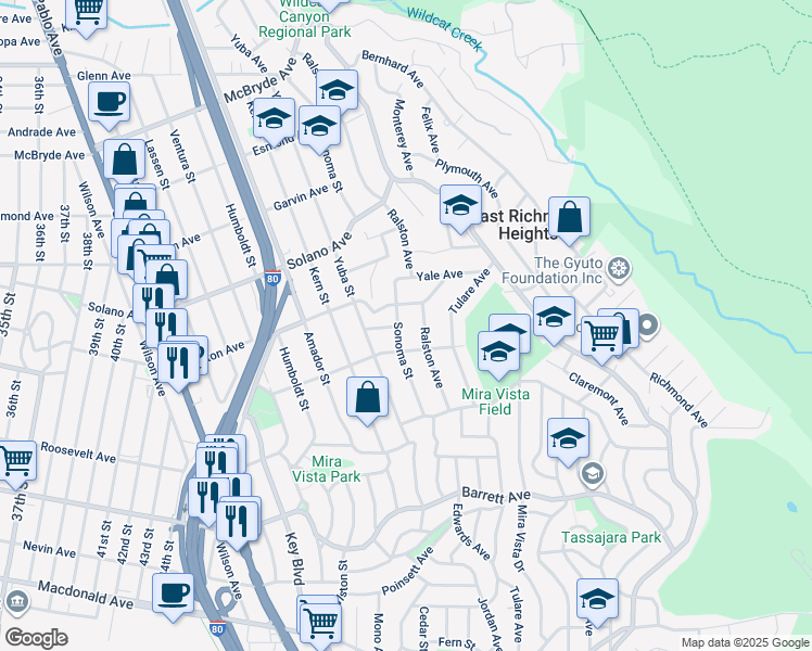 map of restaurants, bars, coffee shops, grocery stores, and more near 664 Sonoma Street in Richmond