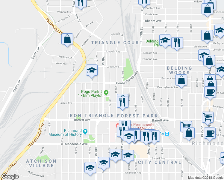 map of restaurants, bars, coffee shops, grocery stores, and more near 676 8th Street in Richmond