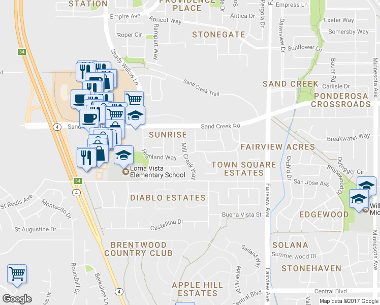 map of restaurants, bars, coffee shops, grocery stores, and more near Highland Way in Brentwood