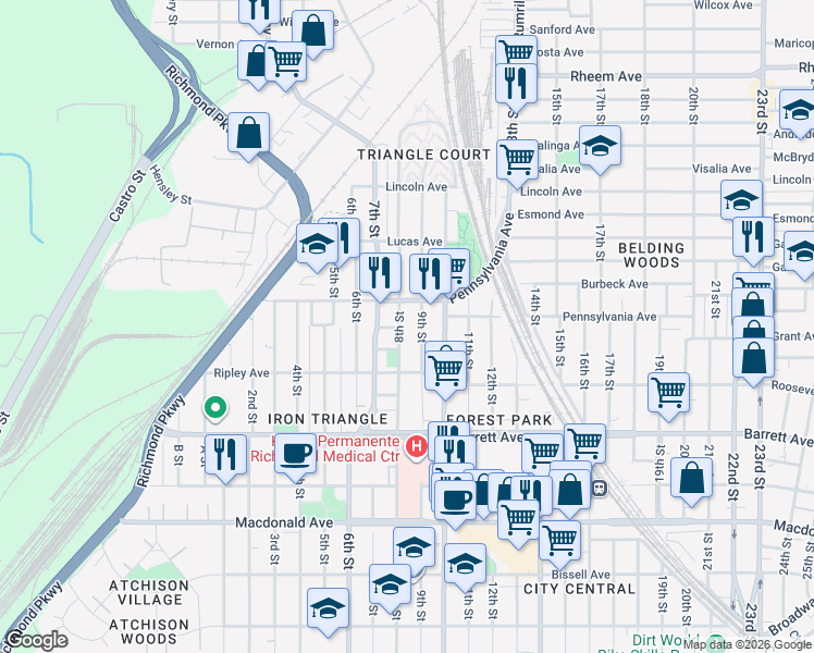 map of restaurants, bars, coffee shops, grocery stores, and more near 676 8th Street in Richmond