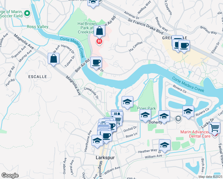 map of restaurants, bars, coffee shops, grocery stores, and more near 505 Larkspur Plaza Drive in Larkspur