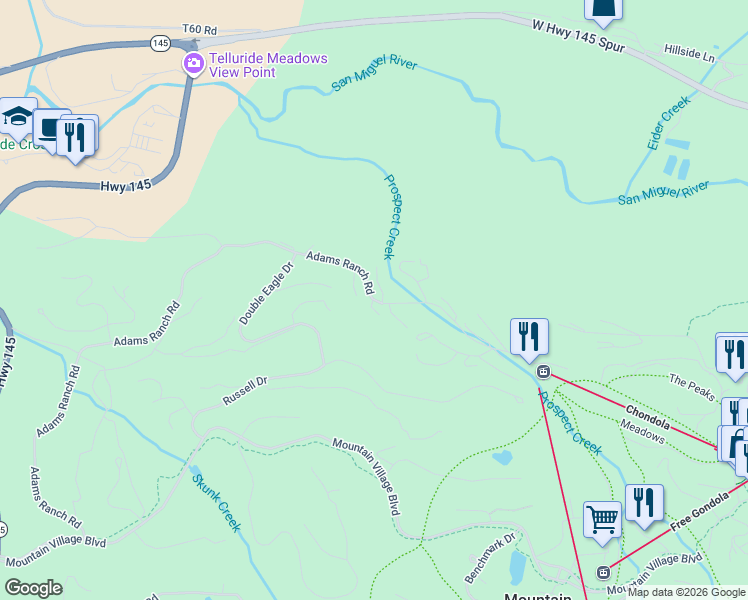 map of restaurants, bars, coffee shops, grocery stores, and more near 296 Adams Ranch Road in Mountain Village