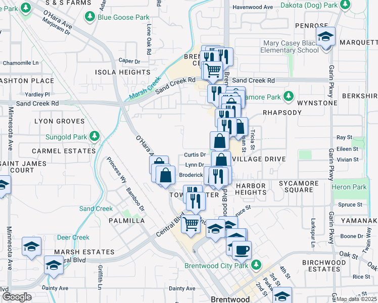 map of restaurants, bars, coffee shops, grocery stores, and more near 165 Curtis Drive in Brentwood