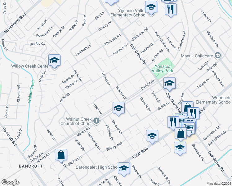 map of restaurants, bars, coffee shops, grocery stores, and more near 1811 Risdon Road in Concord