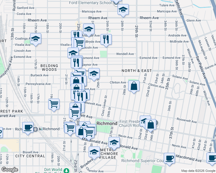 map of restaurants, bars, coffee shops, grocery stores, and more near 2565 Clinton Avenue in Richmond