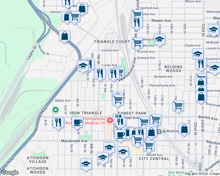 map of restaurants, bars, coffee shops, grocery stores, and more near 830 Pennsylvania Avenue in Richmond