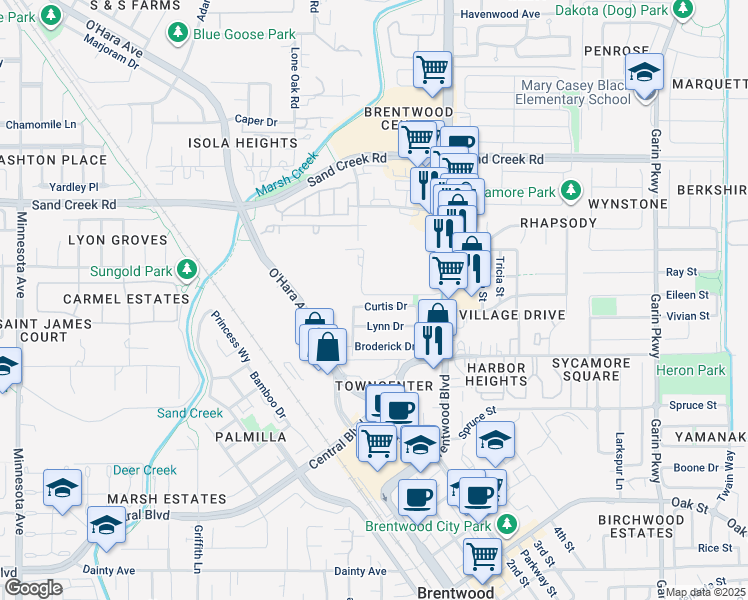 map of restaurants, bars, coffee shops, grocery stores, and more near 165 Curtis Drive in Brentwood