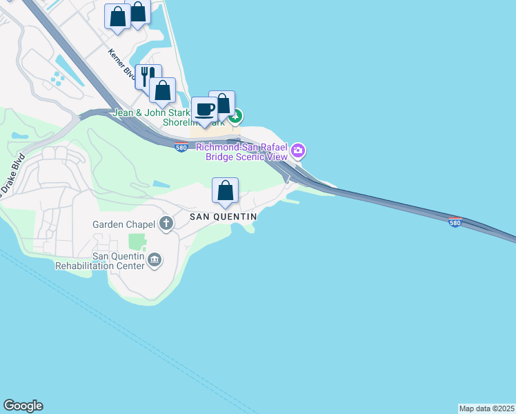 map of restaurants, bars, coffee shops, grocery stores, and more near Valley Way in San Quentin