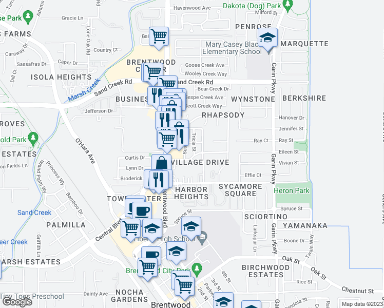 map of restaurants, bars, coffee shops, grocery stores, and more near 1433 Tricia Street in Brentwood