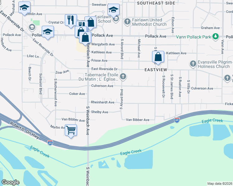 map of restaurants, bars, coffee shops, grocery stores, and more near 2121 Culverson Ave in Evansville