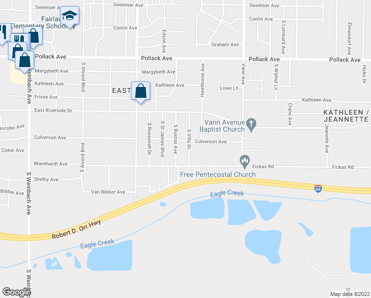 map of restaurants, bars, coffee shops, grocery stores, and more near 2717 South Villa Drive in Evansville