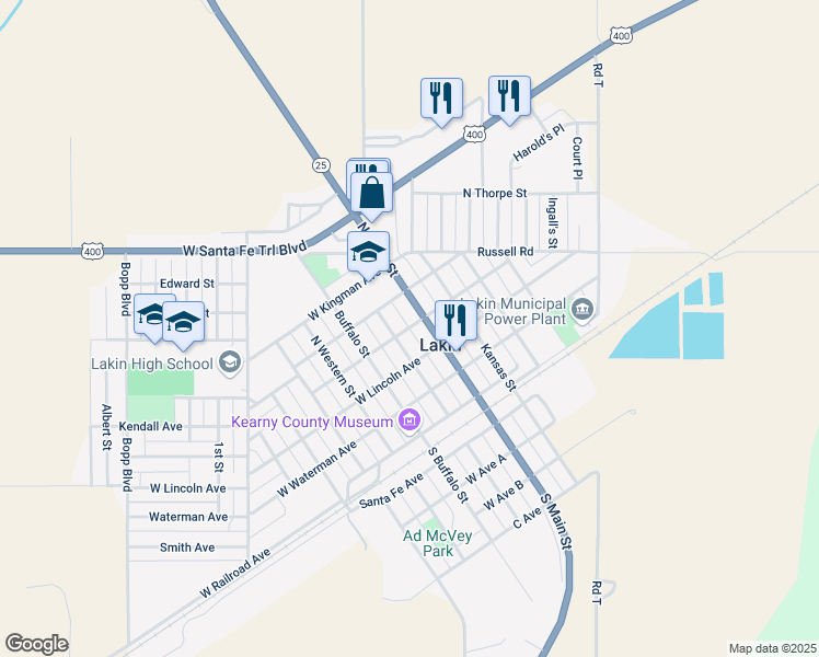 map of restaurants, bars, coffee shops, grocery stores, and more near Washington Avenue in Lakin