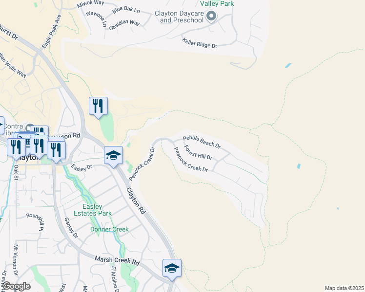 map of restaurants, bars, coffee shops, grocery stores, and more near 102 Forest Hill Drive in Clayton