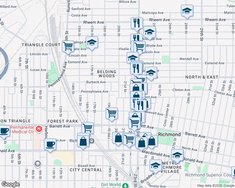 map of restaurants, bars, coffee shops, grocery stores, and more near 653 20th Street in Richmond