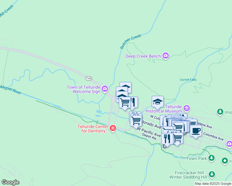 map of restaurants, bars, coffee shops, grocery stores, and more near 725 West Colorado Avenue in Telluride