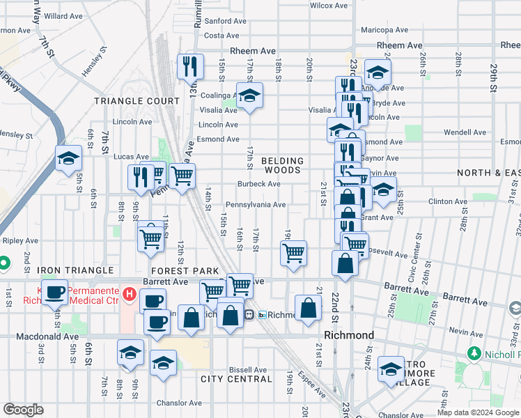 map of restaurants, bars, coffee shops, grocery stores, and more near 700 17th Street in Richmond