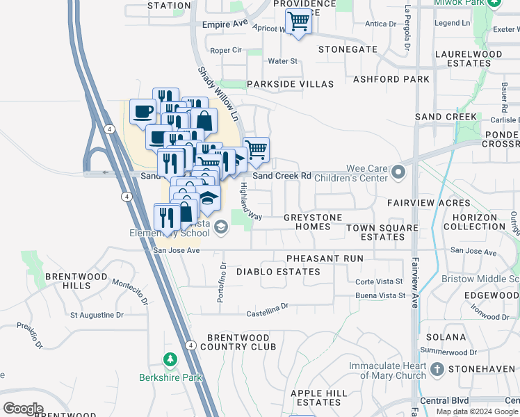 map of restaurants, bars, coffee shops, grocery stores, and more near 1860 Aurora Court in Brentwood