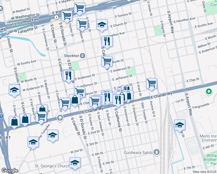 map of restaurants, bars, coffee shops, grocery stores, and more near 1139 California Street in Stockton