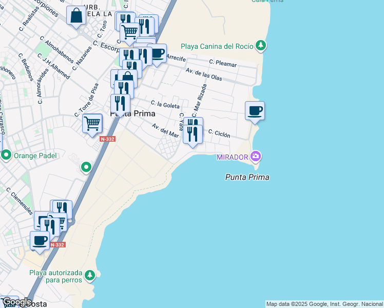 map of restaurants, bars, coffee shops, grocery stores, and more near 10 Calle de Bergantin-Punta Prima in Orihuela
