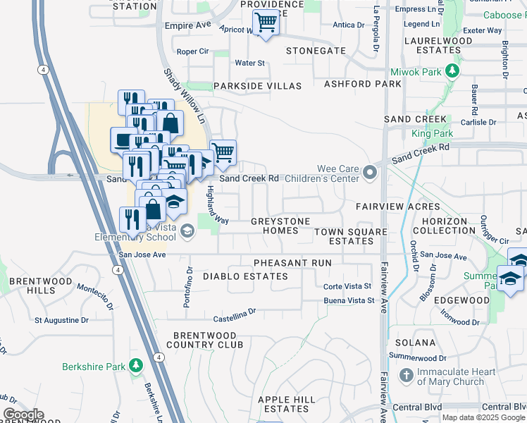map of restaurants, bars, coffee shops, grocery stores, and more near 1085 Mill Creek Way in Brentwood