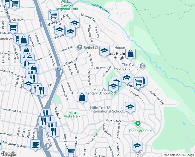 map of restaurants, bars, coffee shops, grocery stores, and more near 1791 Ralston Avenue in Richmond