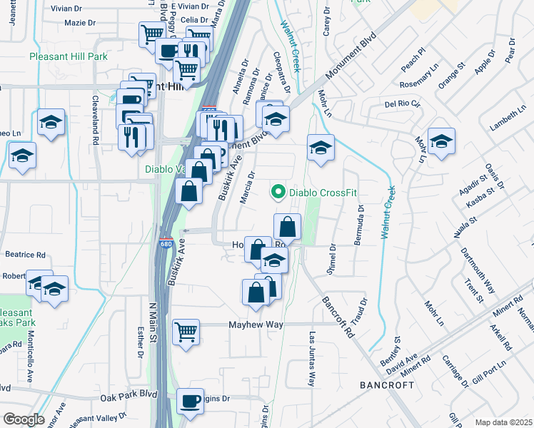 map of restaurants, bars, coffee shops, grocery stores, and more near 2420-2495 Estand Way in Pleasant Hill