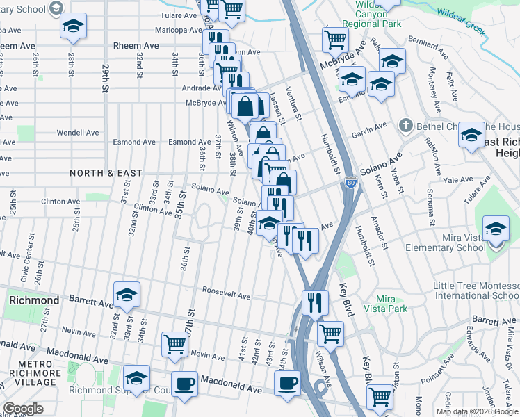 map of restaurants, bars, coffee shops, grocery stores, and more near 4000 Solano Avenue in Richmond