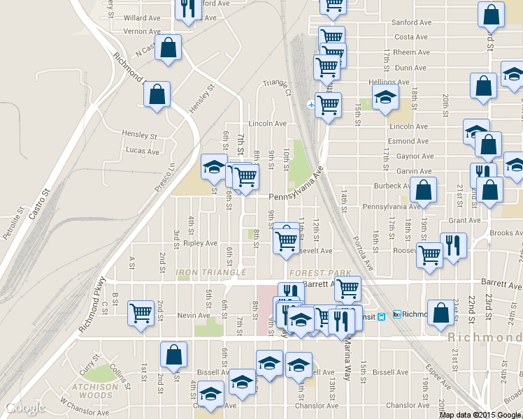 map of restaurants, bars, coffee shops, grocery stores, and more near 682 8th Street in Richmond
