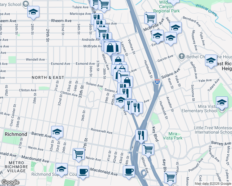 map of restaurants, bars, coffee shops, grocery stores, and more near 4000 Solano Avenue in Richmond