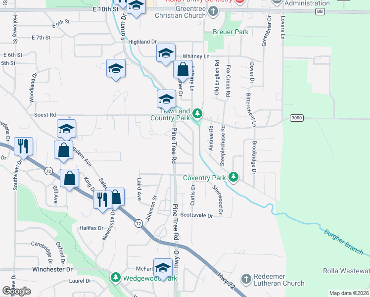 map of restaurants, bars, coffee shops, grocery stores, and more near 6 Dogwood Lane in Rolla