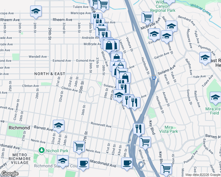 map of restaurants, bars, coffee shops, grocery stores, and more near 749 Wilson Avenue in Richmond