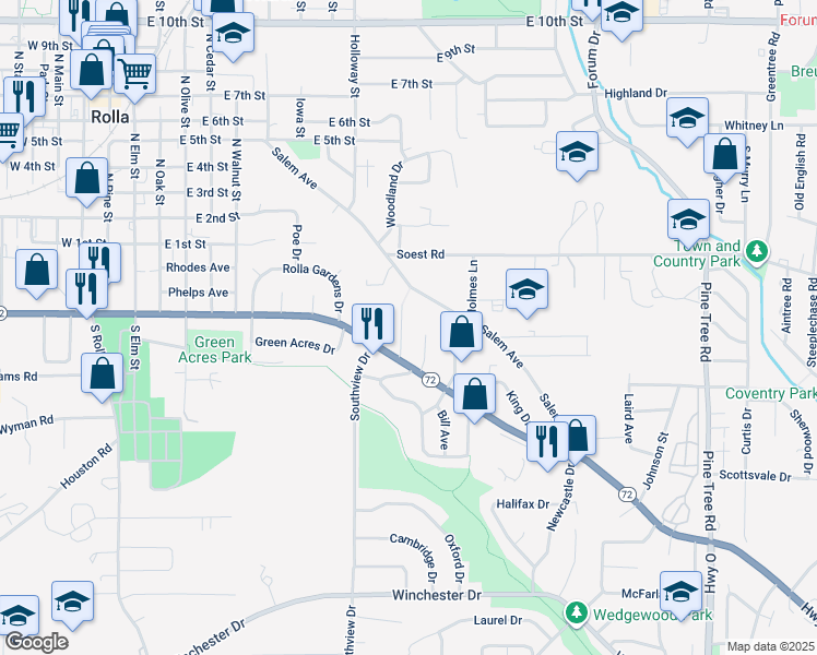 map of restaurants, bars, coffee shops, grocery stores, and more near 5 Frost Drive in Rolla