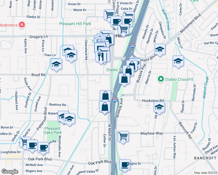 map of restaurants, bars, coffee shops, grocery stores, and more near 2635 Contra Costa Boulevard in Pleasant Hill