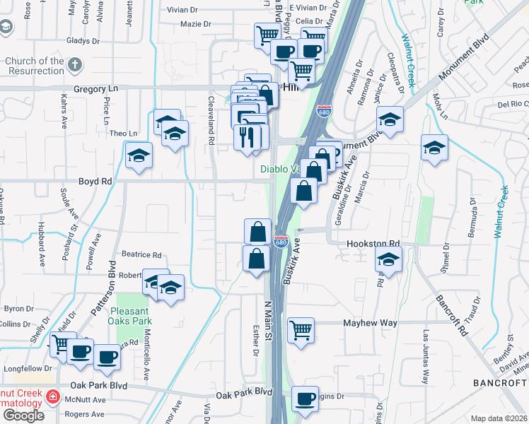 map of restaurants, bars, coffee shops, grocery stores, and more near 2611 Contra Costa Boulevard in Pleasant Hill