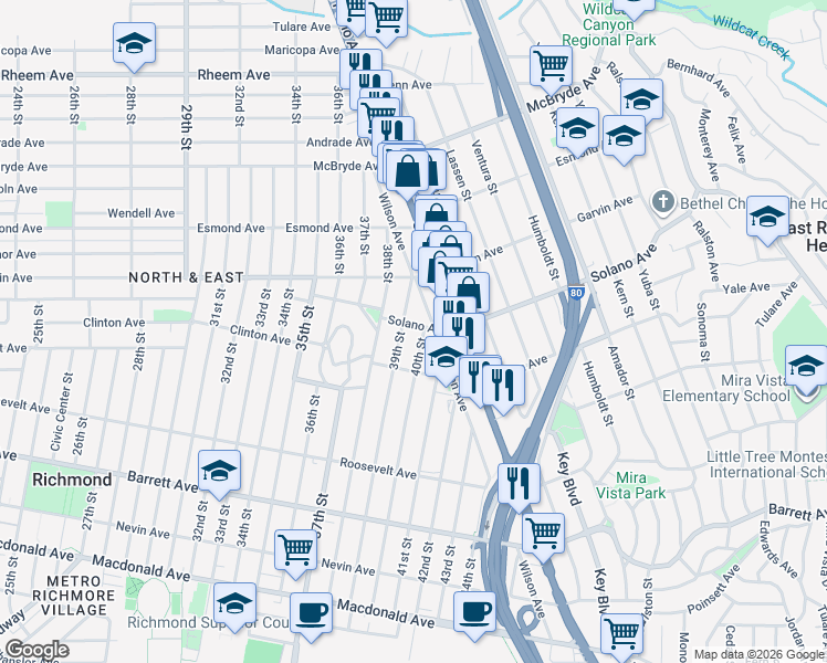 map of restaurants, bars, coffee shops, grocery stores, and more near 749 Wilson Avenue in Richmond