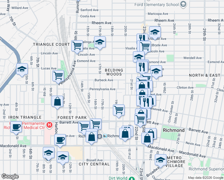 map of restaurants, bars, coffee shops, grocery stores, and more near 716 18th Street in Richmond