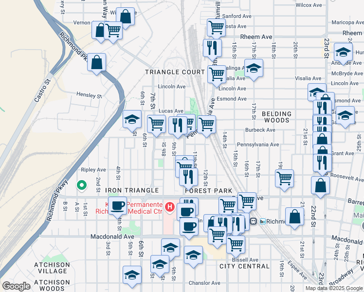 map of restaurants, bars, coffee shops, grocery stores, and more near 711 11th Street in Richmond