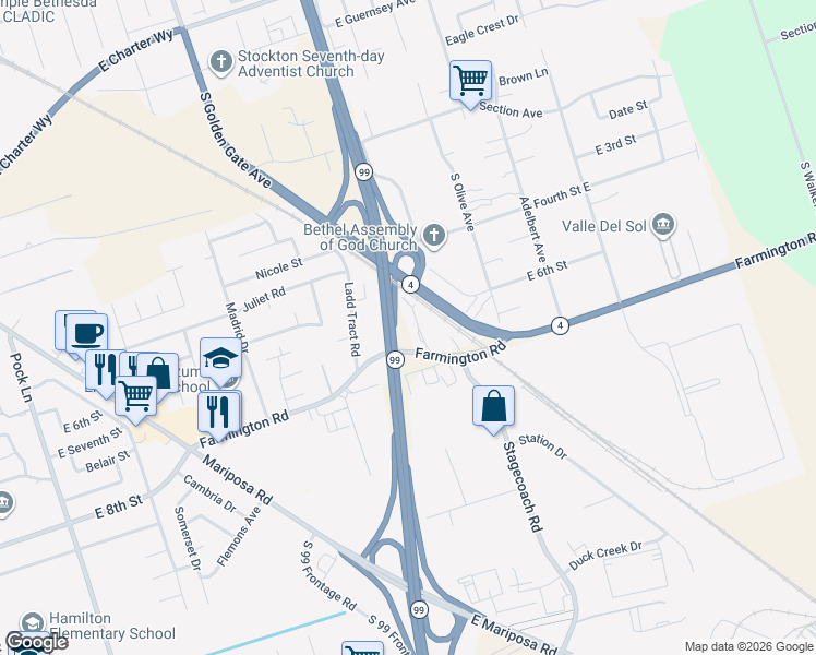 map of restaurants, bars, coffee shops, grocery stores, and more near 3701 Farmington Road in Stockton