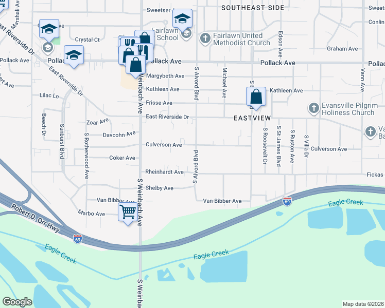 map of restaurants, bars, coffee shops, grocery stores, and more near 2700 South Alvord Boulevard in Evansville