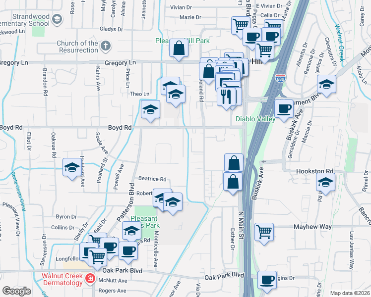 map of restaurants, bars, coffee shops, grocery stores, and more near 253 Campbell Lane in Pleasant Hill