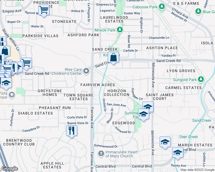 map of restaurants, bars, coffee shops, grocery stores, and more near 1160 Orchid Drive in Brentwood