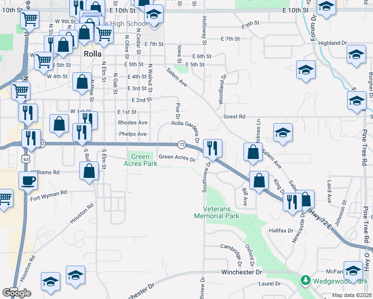 map of restaurants, bars, coffee shops, grocery stores, and more near 72 Iris Court in Rolla