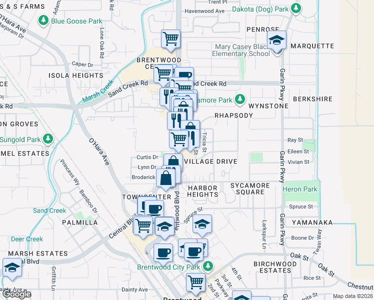 map of restaurants, bars, coffee shops, grocery stores, and more near 7840 Brentwood Boulevard in Brentwood