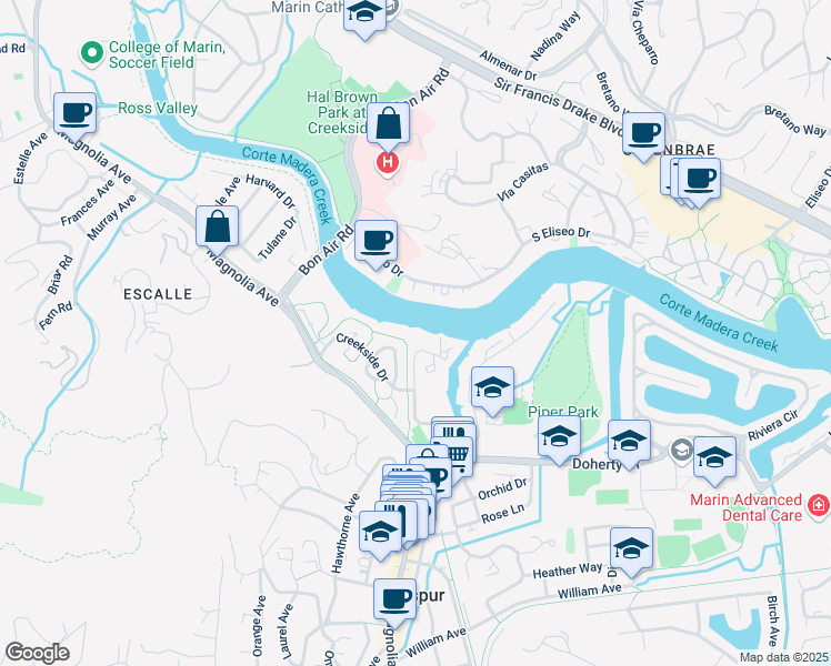 map of restaurants, bars, coffee shops, grocery stores, and more near 505 Larkspur Plaza Drive in Larkspur
