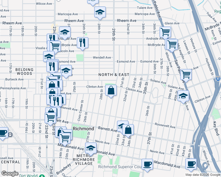 map of restaurants, bars, coffee shops, grocery stores, and more near 2910 Clinton Avenue in Richmond