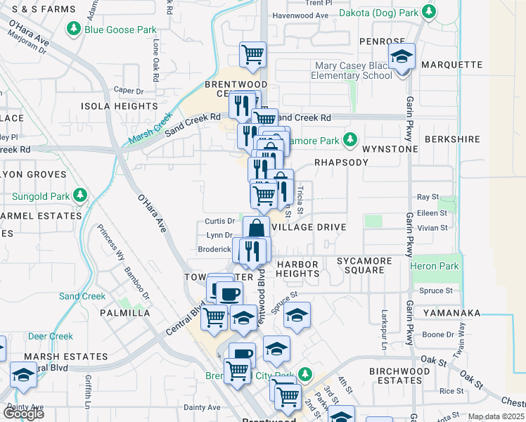 map of restaurants, bars, coffee shops, grocery stores, and more near 7840 Brentwood Boulevard in Brentwood