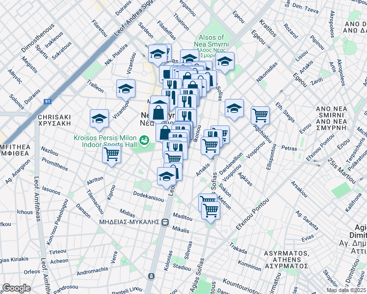 map of restaurants, bars, coffee shops, grocery stores, and more near 97 Leoforos Eleftheriou Venizelou in Nea Smirni