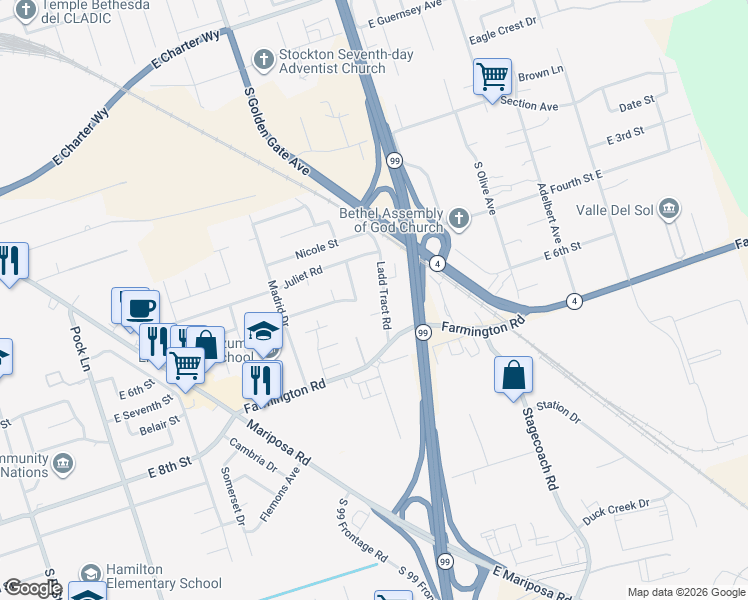 map of restaurants, bars, coffee shops, grocery stores, and more near 1956 Tarragona Way in Stockton